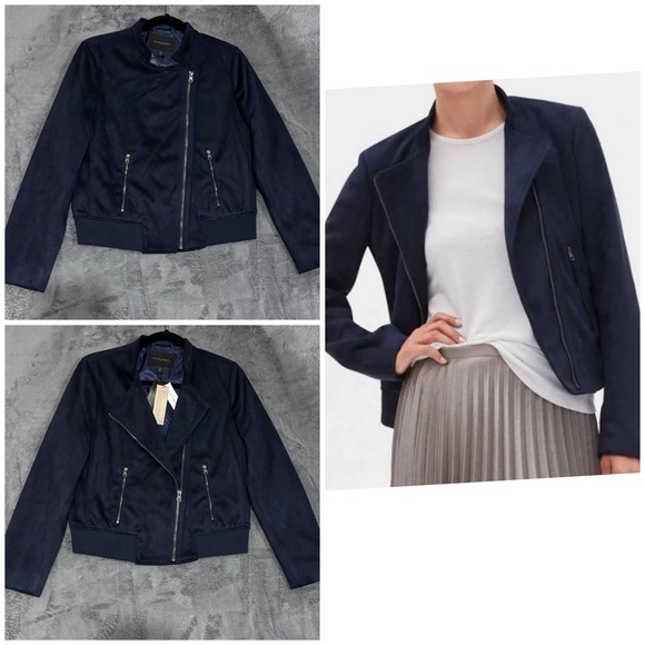Banana Republic Dark Blue Vegan Suede Moto Jacket Women's Size Medium P NWT - Picture 1 of 13